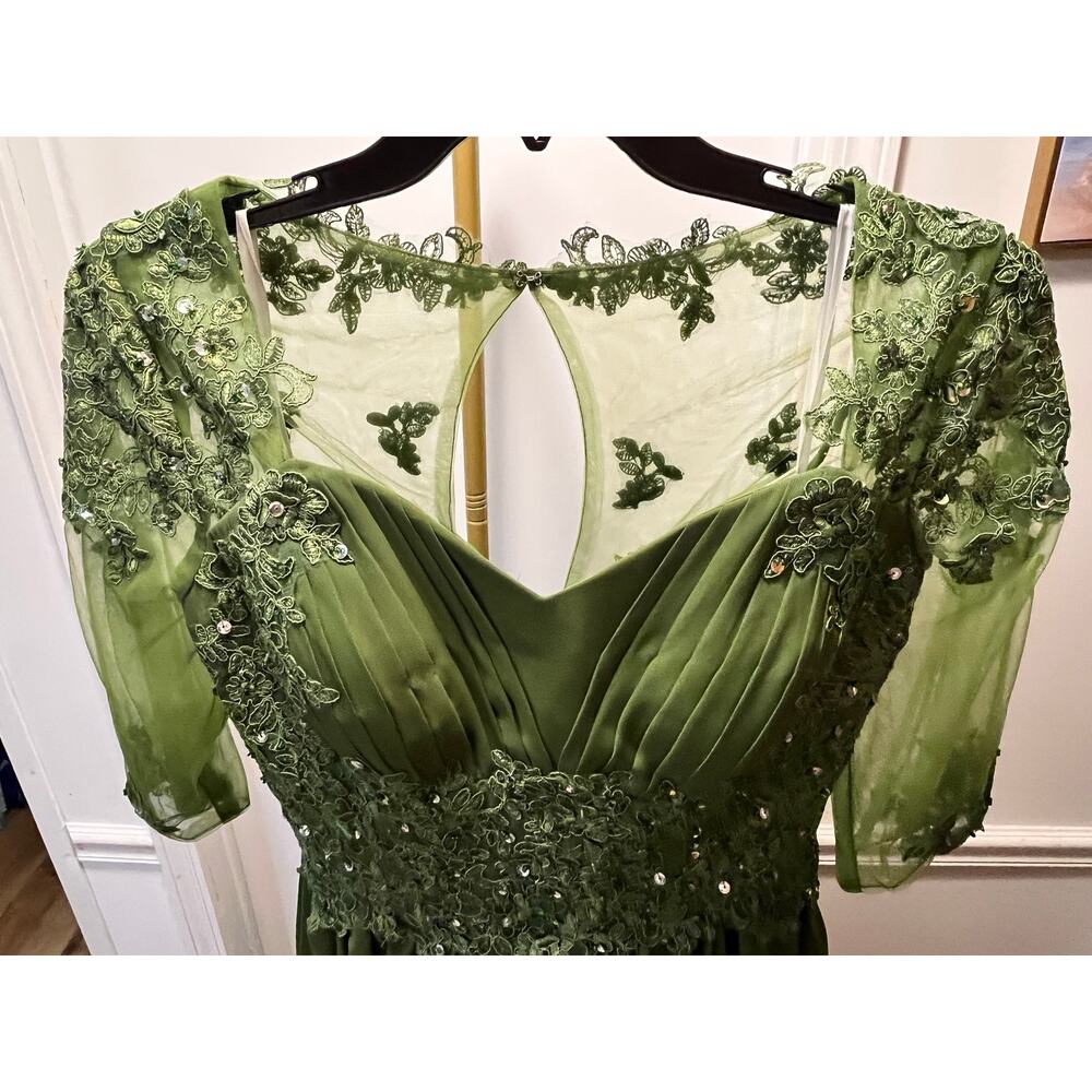 EUC Stunning 16 Olive Green Exquisite Sequined Lace Bodice 3/4 Illusion Sleeves - Picture 5 of 8